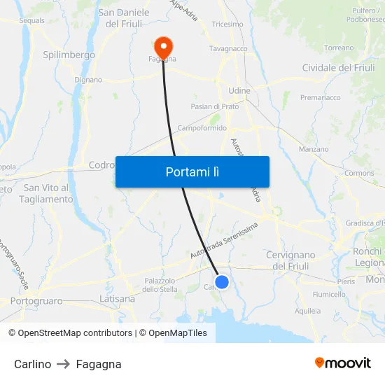 Carlino to Fagagna map