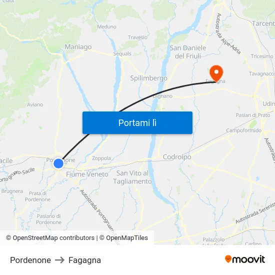Pordenone to Fagagna map