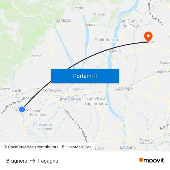 Brugnera to Fagagna map