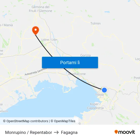 Monrupino / Repentabor to Fagagna map