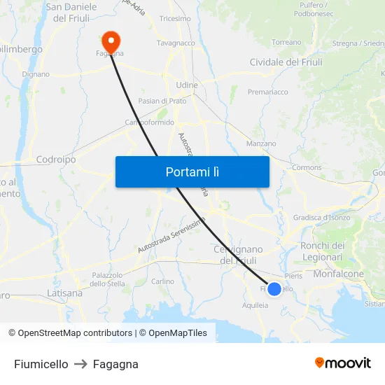 Fiumicello to Fagagna map