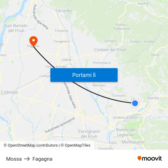 Mossa to Fagagna map
