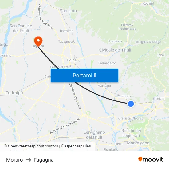 Moraro to Fagagna map