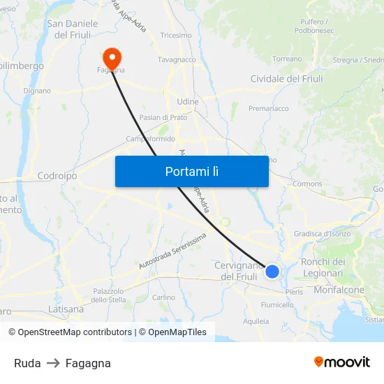 Ruda to Fagagna map