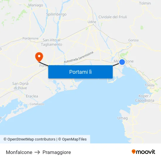 Monfalcone to Pramaggiore map