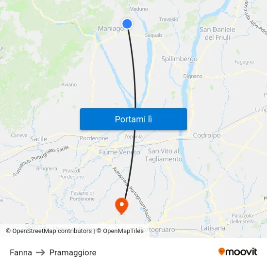 Fanna to Pramaggiore map