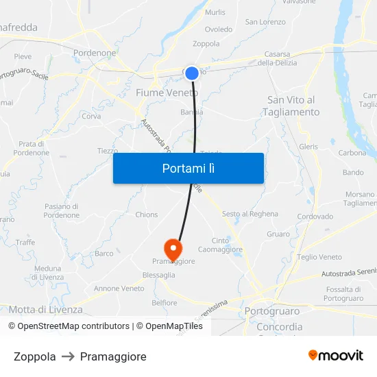Zoppola to Pramaggiore map