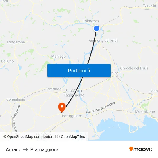 Amaro to Pramaggiore map