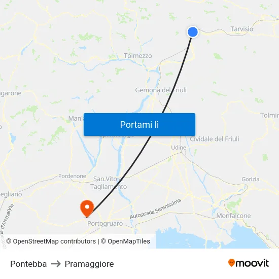 Pontebba to Pramaggiore map