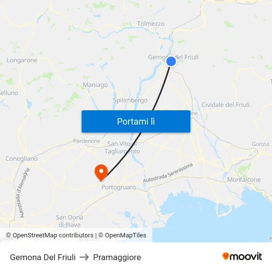 Gemona Del Friuli to Pramaggiore map