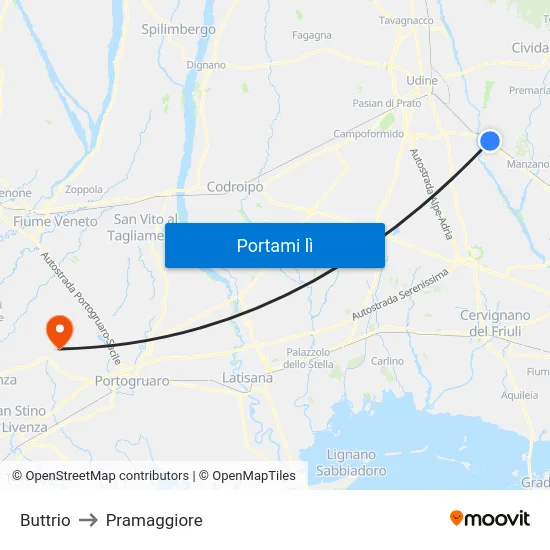 Buttrio to Pramaggiore map