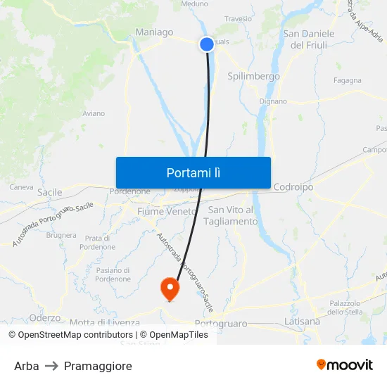Arba to Pramaggiore map