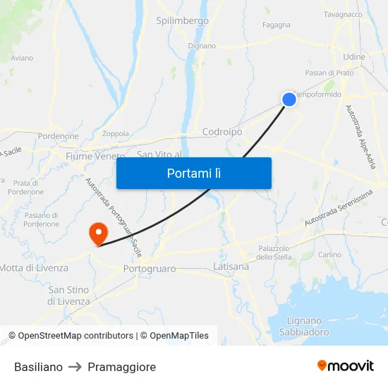 Basiliano to Pramaggiore map