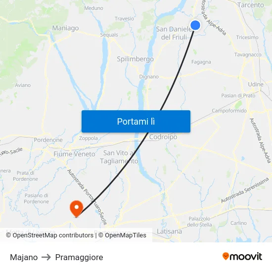 Majano to Pramaggiore map
