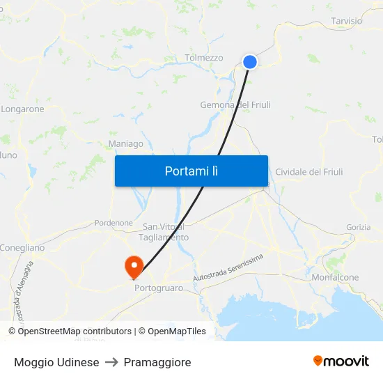 Moggio Udinese to Pramaggiore map