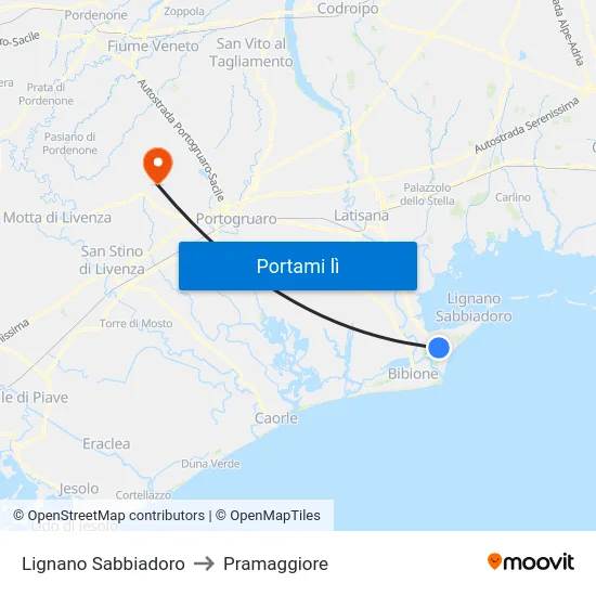 Lignano Sabbiadoro to Pramaggiore map