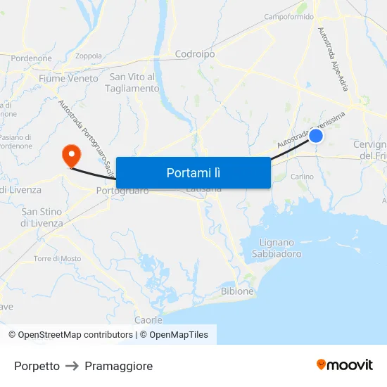 Porpetto to Pramaggiore map