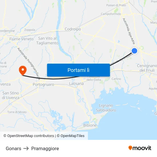 Gonars to Pramaggiore map