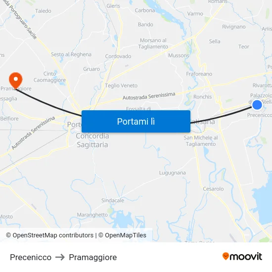 Precenicco to Pramaggiore map