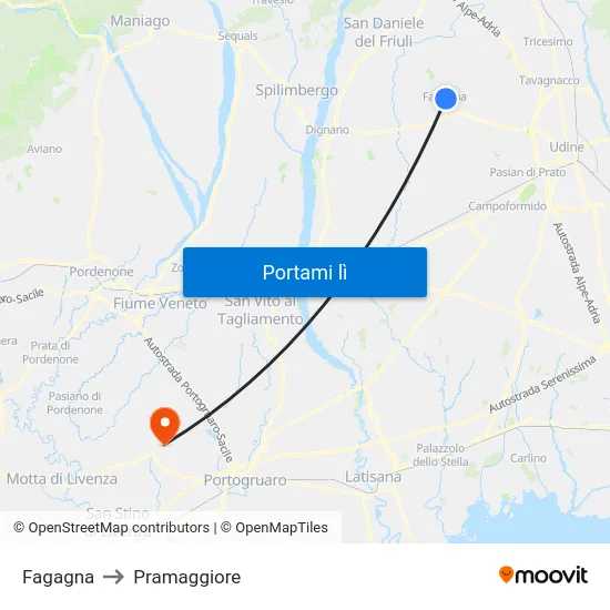 Fagagna to Pramaggiore map