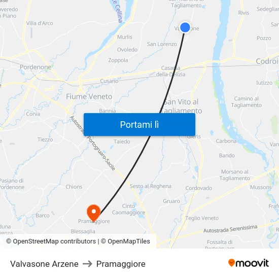 Valvasone Arzene to Pramaggiore map