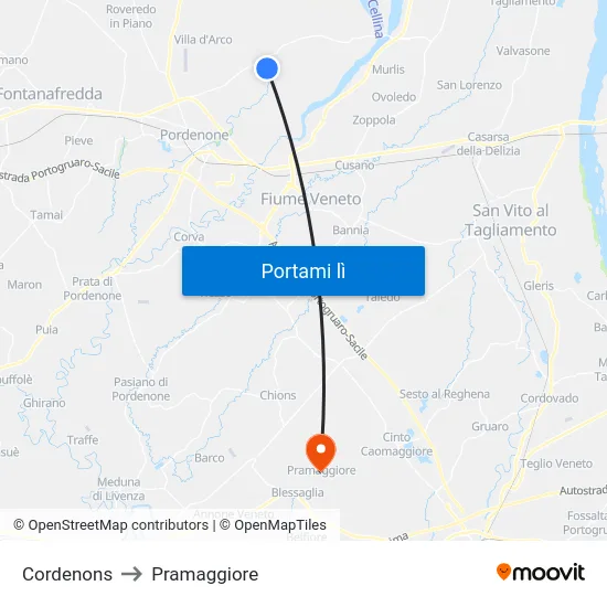 Cordenons to Pramaggiore map