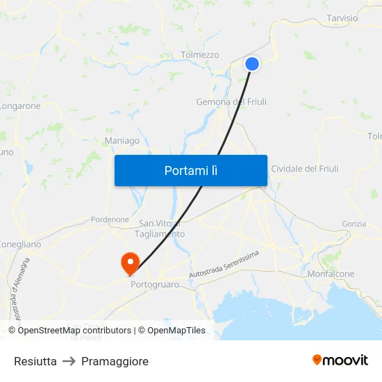 Resiutta to Pramaggiore map