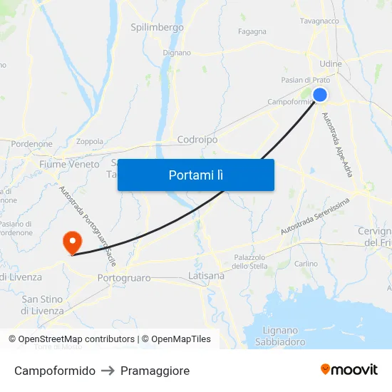Campoformido to Pramaggiore map