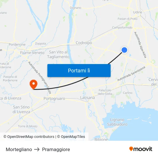 Mortegliano to Pramaggiore map
