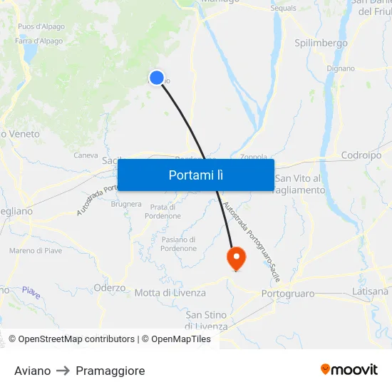 Aviano to Pramaggiore map