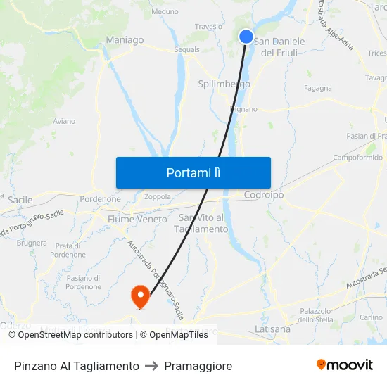 Pinzano Al Tagliamento to Pramaggiore map