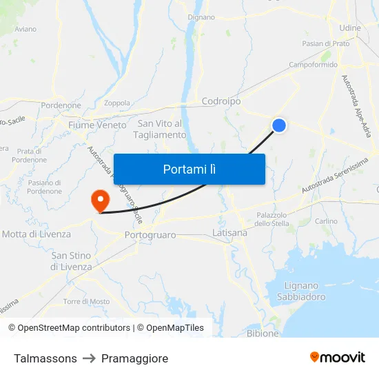 Talmassons to Pramaggiore map