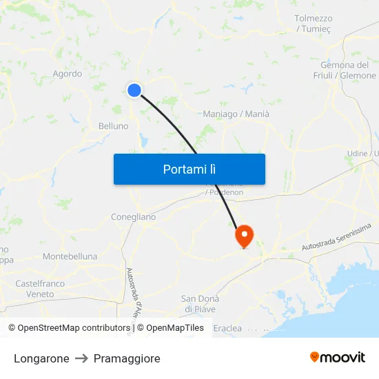 Longarone to Pramaggiore map