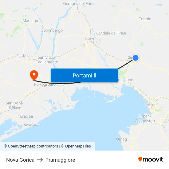 Nova Gorica to Pramaggiore map