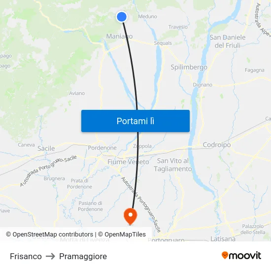Frisanco to Pramaggiore map
