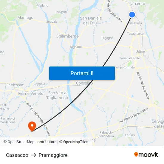 Cassacco to Pramaggiore map