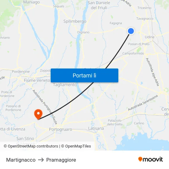 Martignacco to Pramaggiore map