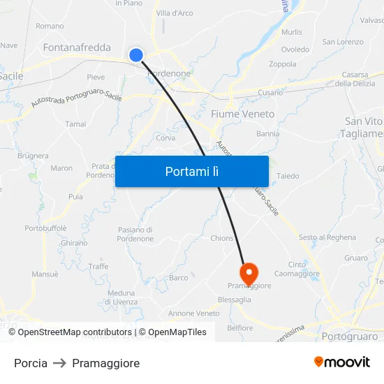 Porcia to Pramaggiore map