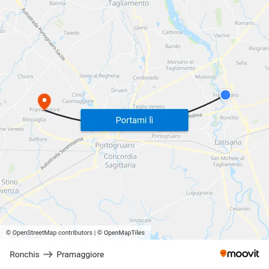 Ronchis to Pramaggiore map