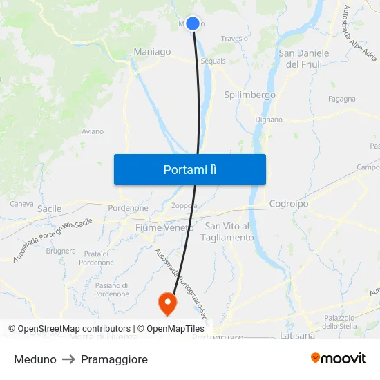 Meduno to Pramaggiore map