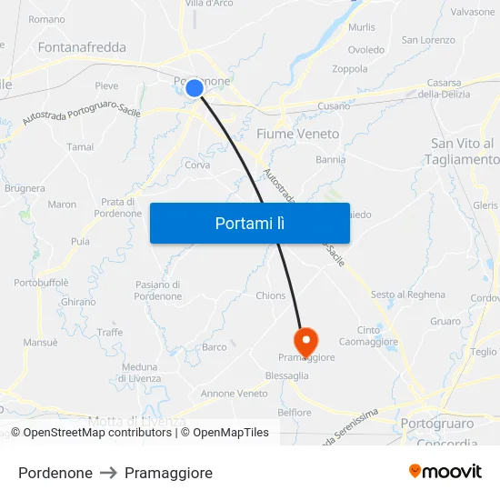 Pordenone to Pramaggiore map