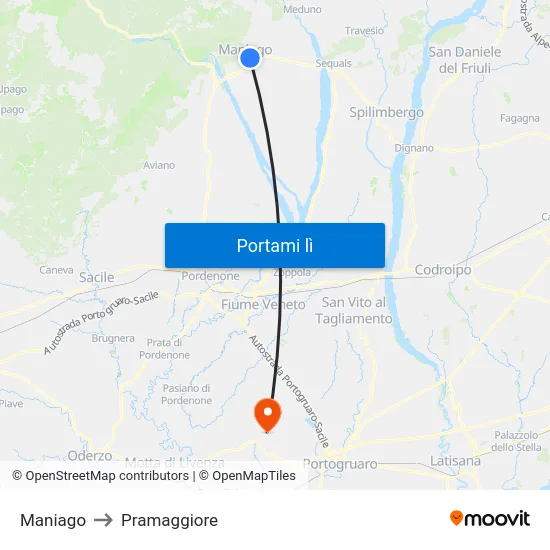 Maniago to Pramaggiore map