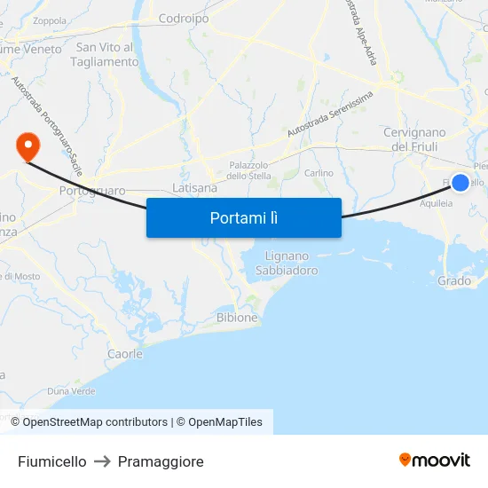 Fiumicello to Pramaggiore map