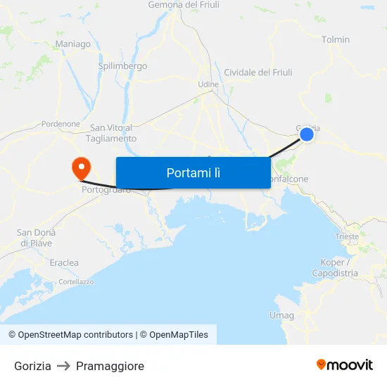 Gorizia to Pramaggiore map