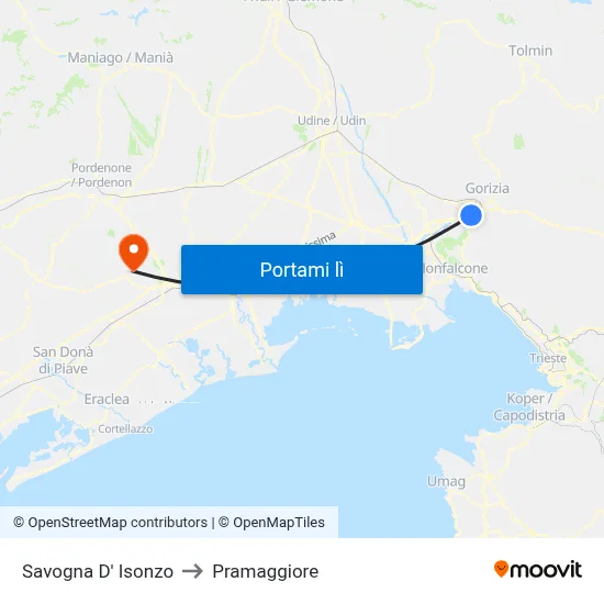 Savogna D' Isonzo to Pramaggiore map