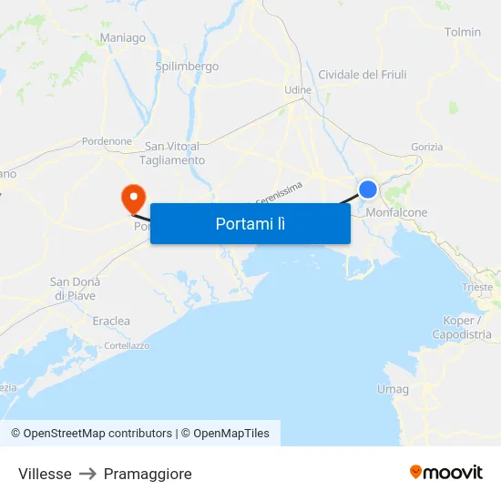 Villesse to Pramaggiore map