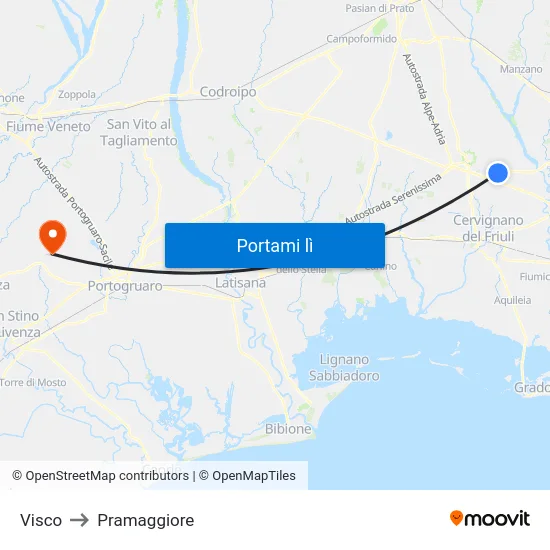 Visco to Pramaggiore map