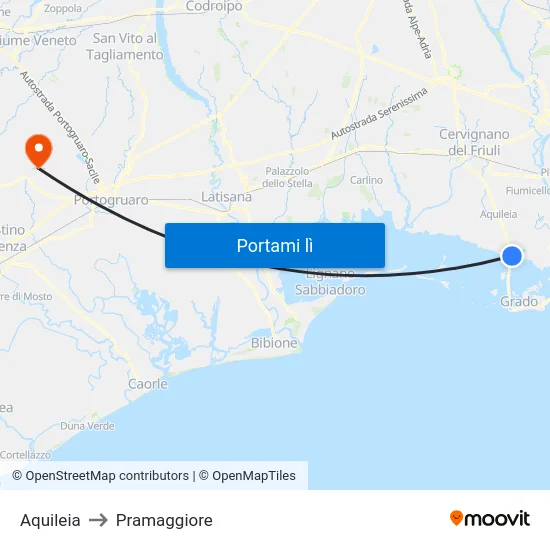 Aquileia to Pramaggiore map