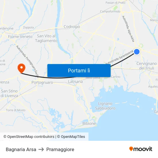 Bagnaria Arsa to Pramaggiore map