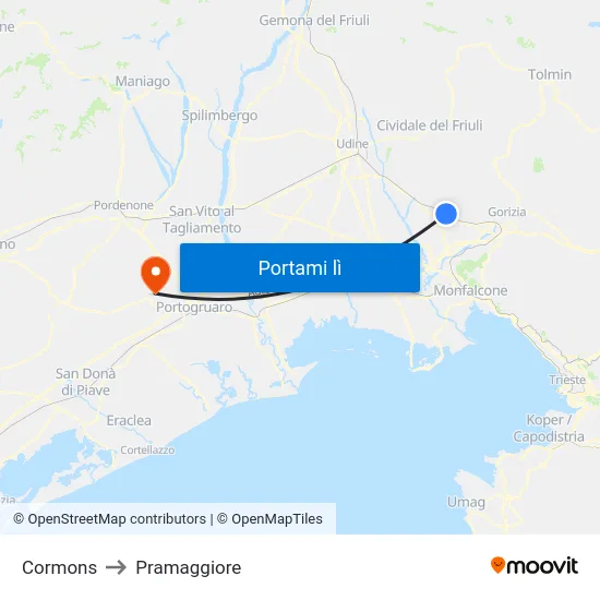 Cormons to Pramaggiore map